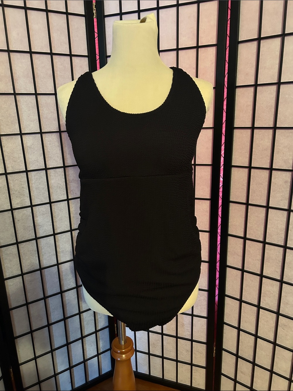 Senita Athletics Black Scoop Neck Textured Tank with wrap tie in the back